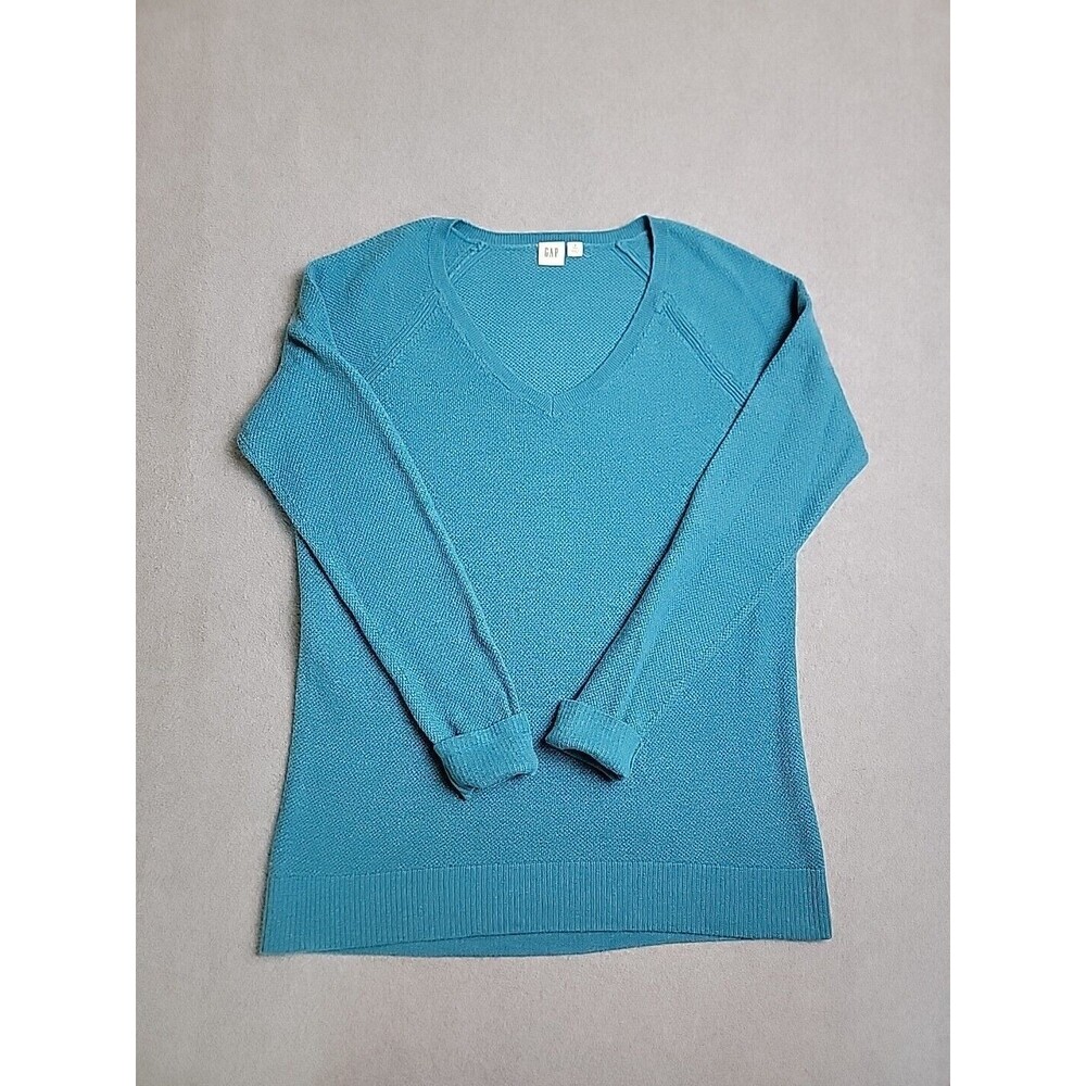 Gap V-Neck Sweater Womens S Tall Teal Blue Merino Wool Blend Knit‎ Pullover